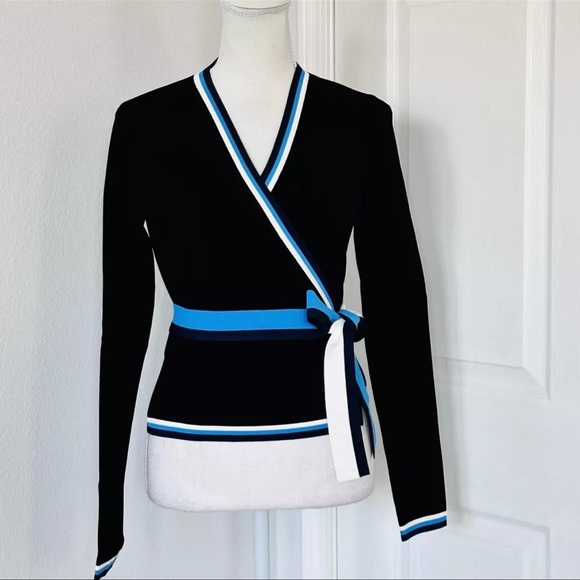 NWT DVF Knit Wrap Tops Black Long Sleeve Stripe - Picture 4 of 12